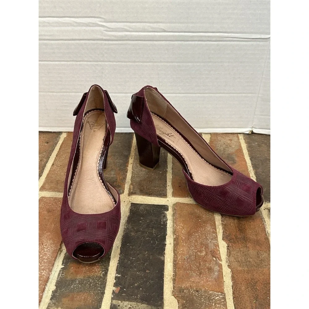 Miss Albright Burgundy Suede Pumps Plaid Peep Toe Patent Leather Heel Bow Wm 9 B